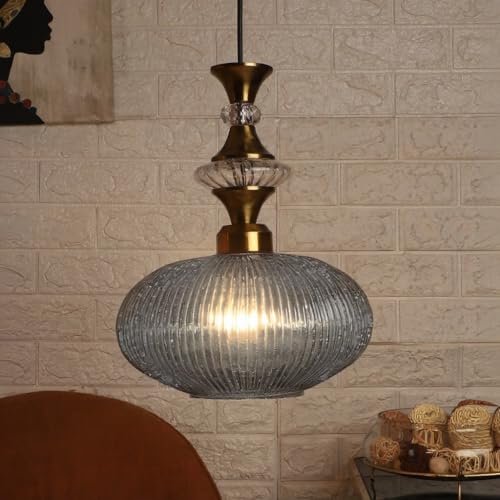 ELIANTE Povque Vintage Hanging Pendant Light | Gold Finish Iron with Grey Glass Shade | E27 Holder | Decorative Ceiling Light for Living Room, Dining & Bar | Free Bulb Included | 3 Years Warranty - Image 1