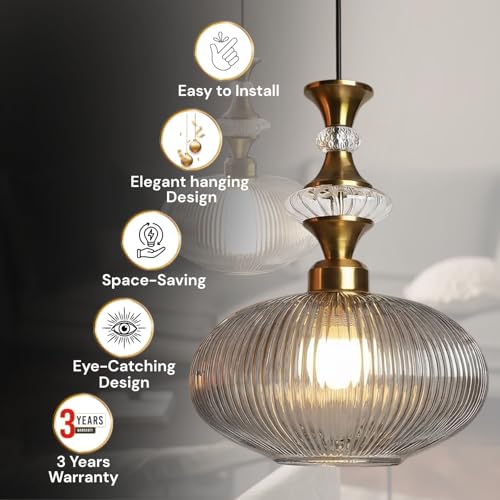 ELIANTE Povque Vintage Hanging Pendant Light | Gold Finish Iron with Grey Glass Shade | E27 Holder | Decorative Ceiling Light for Living Room, Dining & Bar | Free Bulb Included | 3 Years Warranty - Image 4