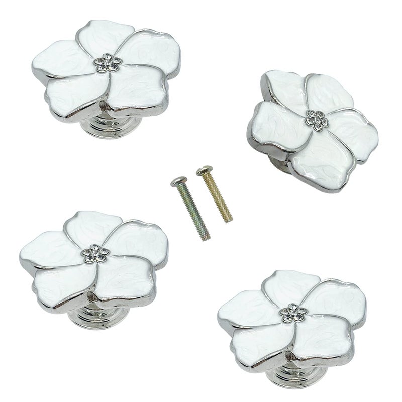 LLDYNW 4pcs White Flower Petal Handles Kitchen Cabinet Drawer Knobs Pulls Silver 8 Screws