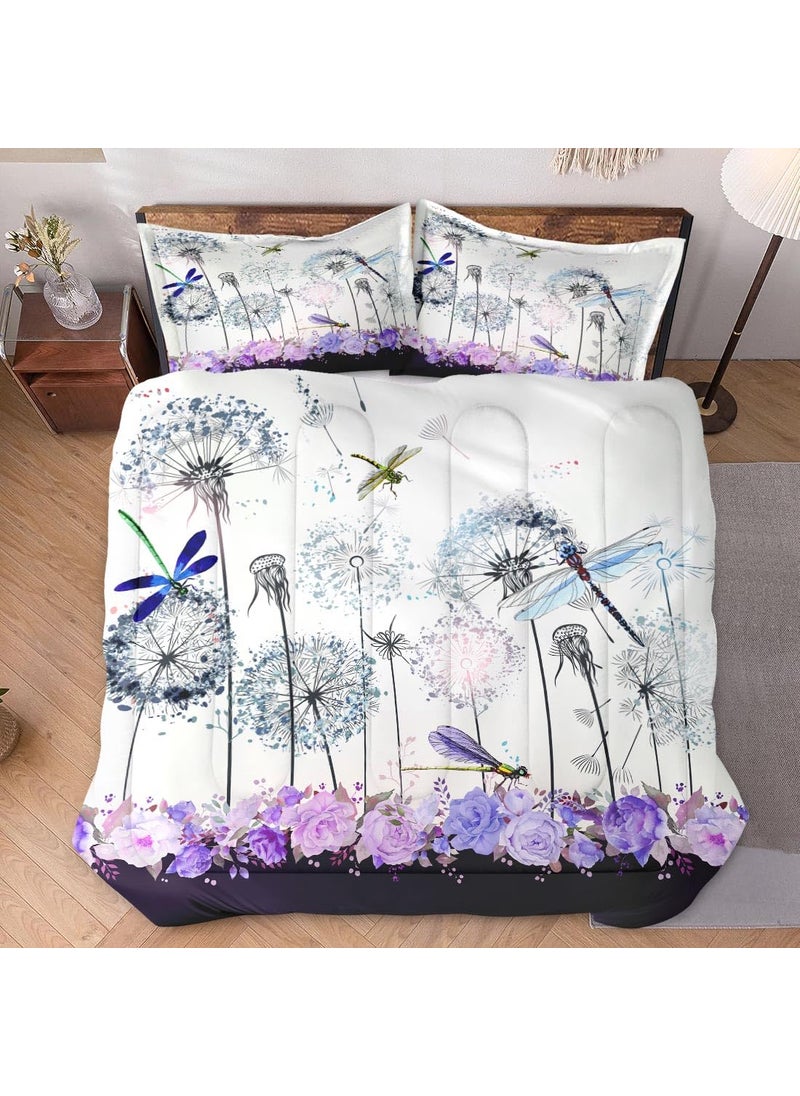 WeCozy WeCozy 3 Pcs Comforter Set Full Size with 2 Pillowcases  Spring Dragonfly Purple Flower Bedding Set for Kids and Adults  Vintage Summer Botanical Soft Comforter Set for Bedroom Bed Decor  - Image 2