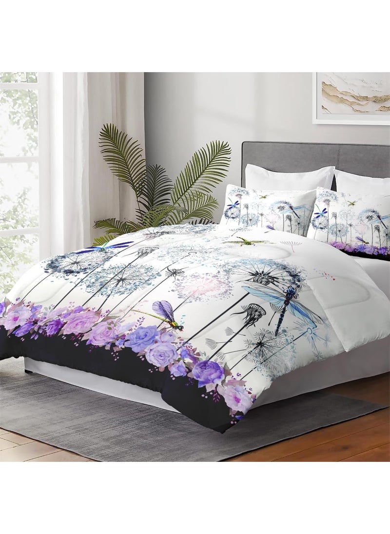 WeCozy WeCozy 3 Pcs Comforter Set Full Size with 2 Pillowcases  Spring Dragonfly Purple Flower Bedding Set for Kids and Adults  Vintage Summer Botanical Soft Comforter Set for Bedroom Bed Decor  - Image 4
