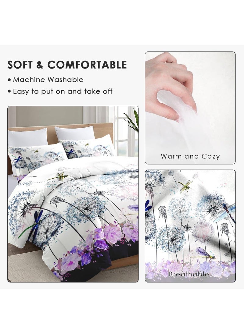 WeCozy WeCozy 3 Pcs Comforter Set Full Size with 2 Pillowcases  Spring Dragonfly Purple Flower Bedding Set for Kids and Adults  Vintage Summer Botanical Soft Comforter Set for Bedroom Bed Decor  - Image 5