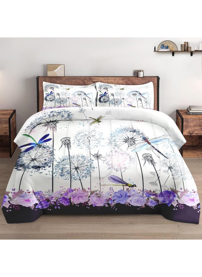 WeCozy WeCozy 3 Pcs Comforter Set Full Size with 2 Pillowcases  Spring Dragonfly Purple Flower Bedding Set for Kids and Adults  Vintage Summer Botanical Soft Comforter Set for Bedroom Bed Decor  - Image 1