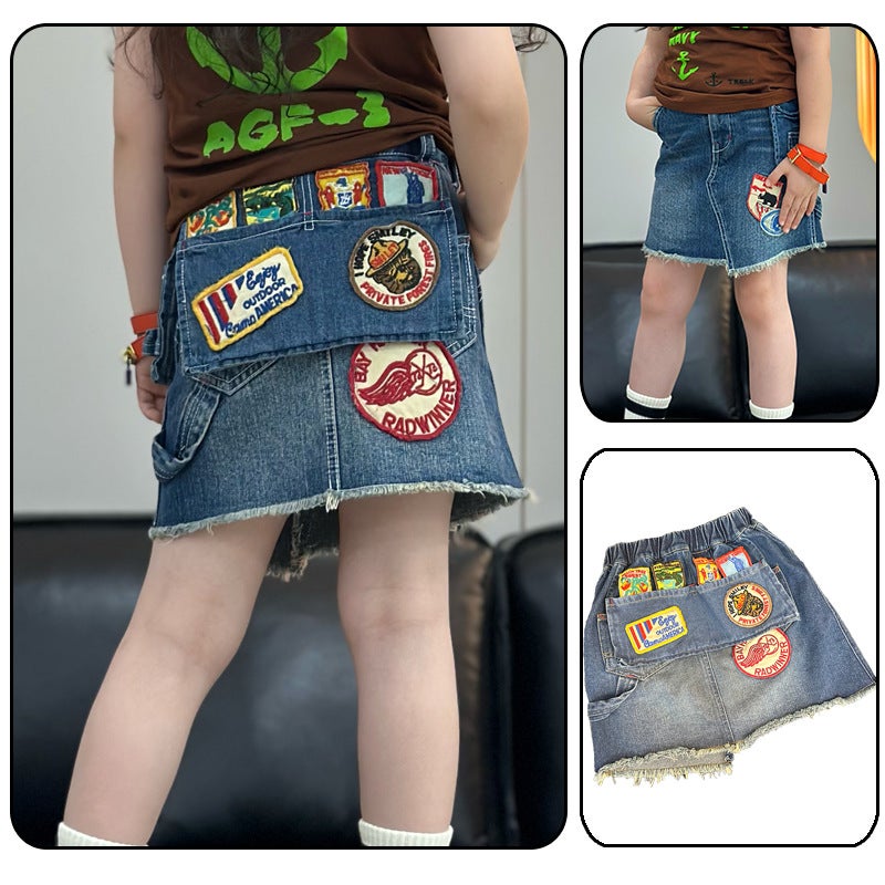Lemon Mom Vintage Style Badge Applique Denim Skirt Super Soft Washed Girls' Casual Versatile - Image 2