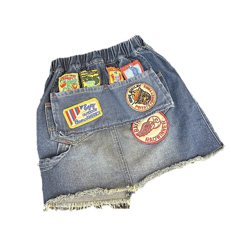 Lemon Mom Vintage Style Badge Applique Denim Skirt Super Soft Washed Girls' Casual Versatile - Image 1
