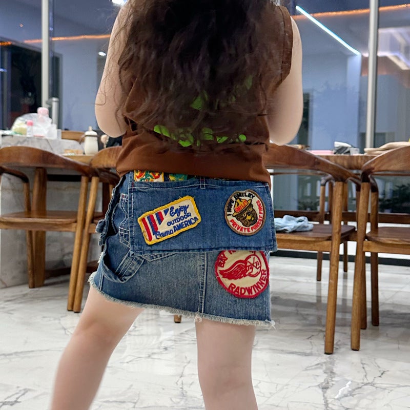 Lemon Mom Vintage Style Badge Applique Denim Skirt Super Soft Washed Girls' Casual Versatile - Image 4
