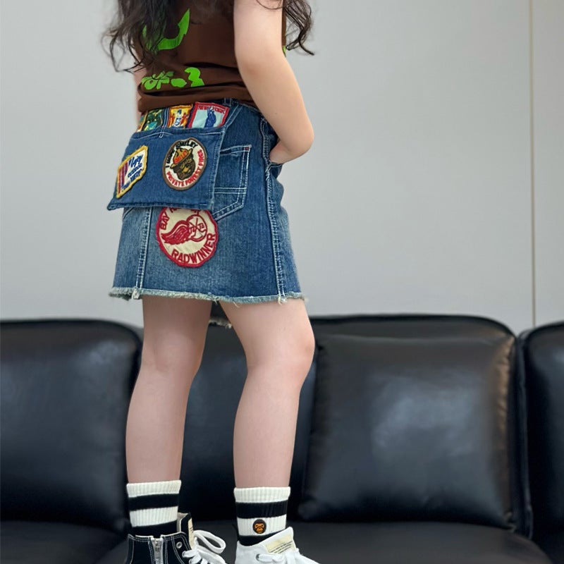 Lemon Mom Vintage Style Badge Applique Denim Skirt Super Soft Washed Girls' Casual Versatile - Image 3