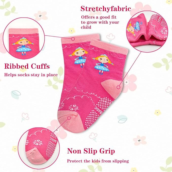CUTEABLY Non-Skid Cotton Crew Socks, Assorted Print, for Baby Toddler Boys Girls, Pack of 3 (IN, Age, 18 Months, 24 Months, 3, Girl) - Image 3