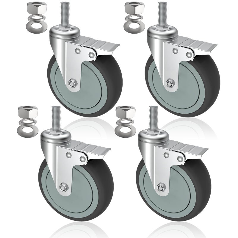 AAGUT 4 Inch Brake Stem Casters 1/2"-13x1-1/2, Swivel Stem Wheel, Replacement Caster Wheels Heavy Duty for Wire Shelving Racks Set of 4