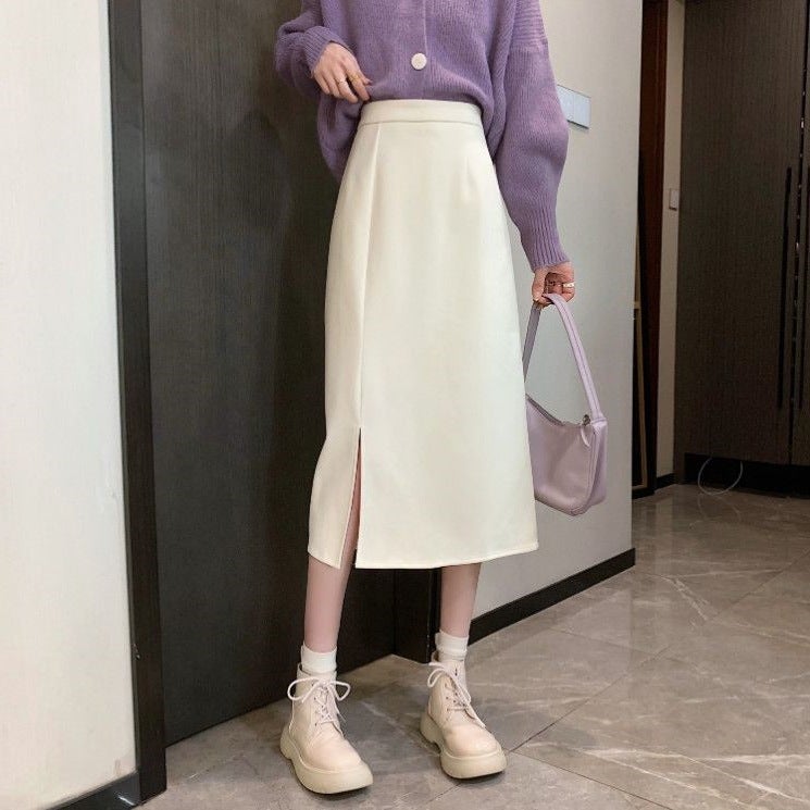 2021 New Plus Size Chubby Girl Skirt High Waist Mid-Length Split A- Line Skirt Slimming Black Hip Skirt - Image 2
