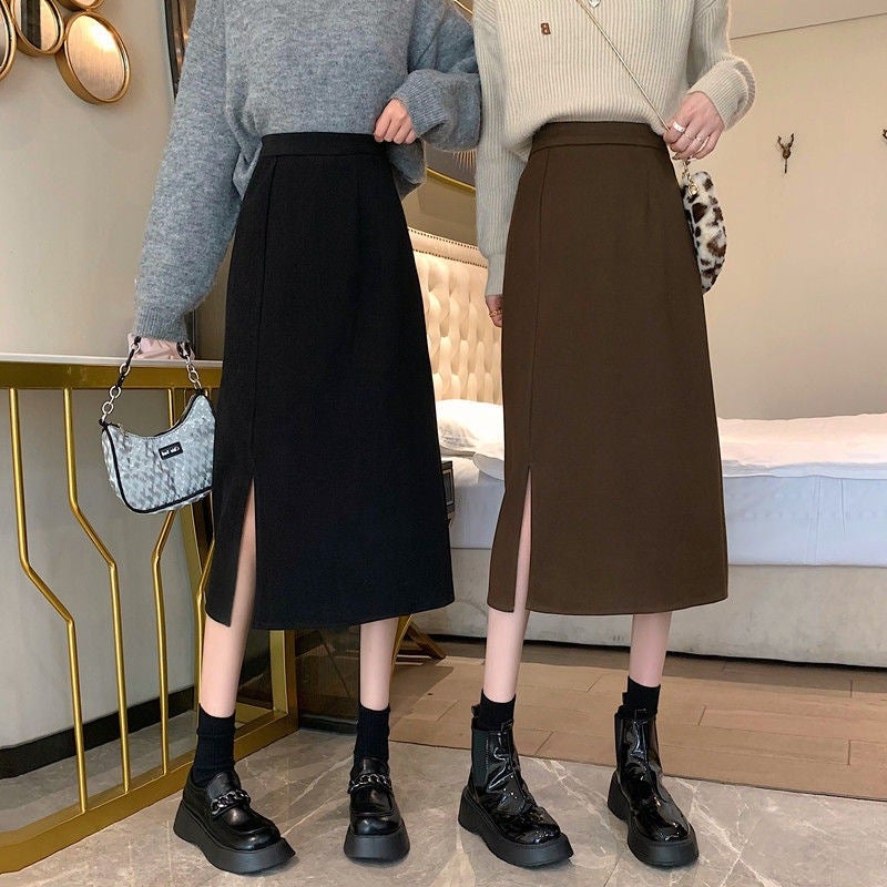 2021 New Plus Size Chubby Girl Skirt High Waist Mid-Length Split A- Line Skirt Slimming Black Hip Skirt - Image 4