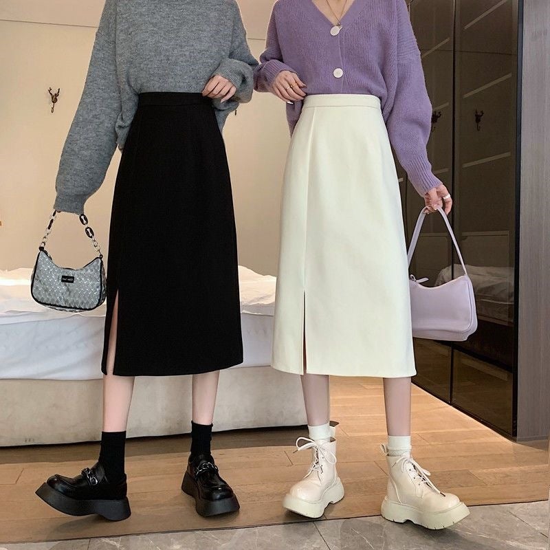 2021 New Plus Size Chubby Girl Skirt High Waist Mid-Length Split A- Line Skirt Slimming Black Hip Skirt - Image 3