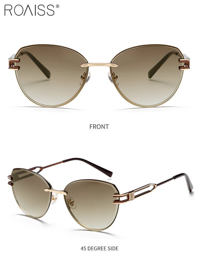 رويس نظارة شمسية على شكل عين القطة للرجال والنساء، حماية من الأشعة فوق البنفسجية 400، نظارات شمسية أنيقة بدون إطار مربعة الشكل مضادة للتوهج مع حافظة نظارات للتسوق والحفلات والسفر 58 مم، بني - Image 5