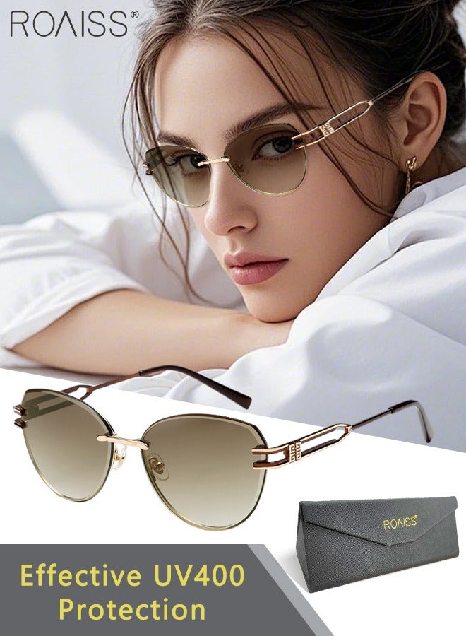 رويس نظارة شمسية على شكل عين القطة للرجال والنساء، حماية من الأشعة فوق البنفسجية 400، نظارات شمسية أنيقة بدون إطار مربعة الشكل مضادة للتوهج مع حافظة نظارات للتسوق والحفلات والسفر 58 مم، بني - Image 1