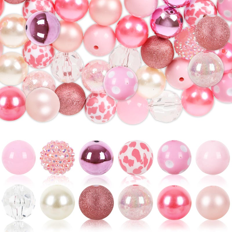 Whaline 50Pcs 20mm Cow Beads 12 Styles Mixed Bubblegum Beads Set Pink White Spacer Bead Chunky Beads Jumbo Plastic Beads for Crafts and Jewelry Making Boutique Craft Supplies