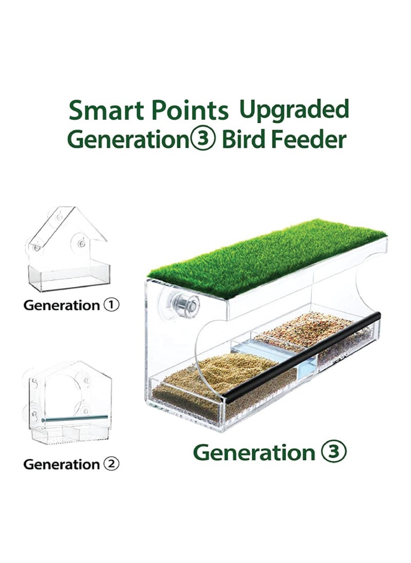 SMARTPOINTS Large Window Bird Feeder with Artificial Grass, Wild Acrylic Bird Feeder with 3 Strongest Screw Suction Cups, Equipped Long Feeding Tray with Water Compartment and Rubber Perching Bar  - Image 2