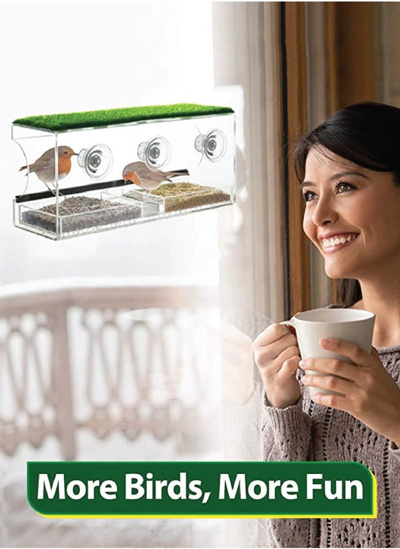 SMARTPOINTS Large Window Bird Feeder with Artificial Grass, Wild Acrylic Bird Feeder with 3 Strongest Screw Suction Cups, Equipped Long Feeding Tray with Water Compartment and Rubber Perching Bar  - Image 5