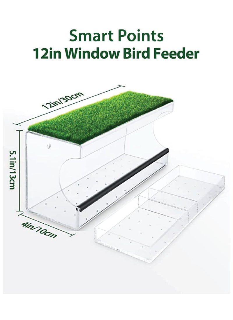 Large Window Bird Feeder with Artificial Grass, Wild Acrylic Bird Feeder with 3 Strongest Screw Suction Cups, Equipped Long Feeding Tray with Water Compartment and Rubber Perching Bar