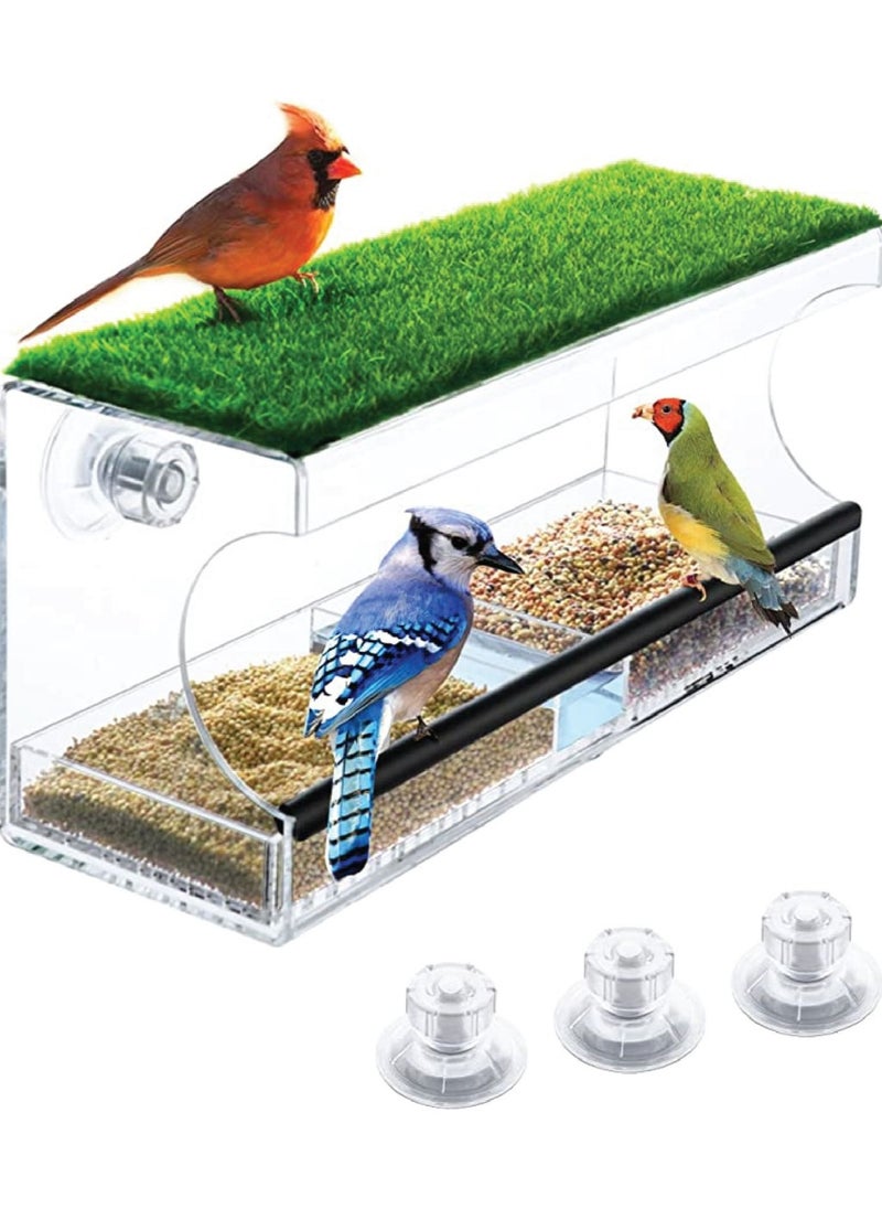 SMARTPOINTS Large Window Bird Feeder with Artificial Grass, Wild Acrylic Bird Feeder with 3 Strongest Screw Suction Cups, Equipped Long Feeding Tray with Water Compartment and Rubber Perching Bar  - Image 1