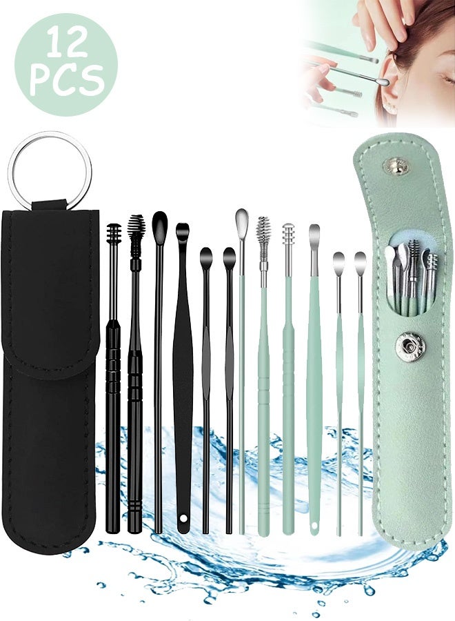 إم إكس إن مجموعة أدوات إزالة شمع الأذن من الفولاذ المقاوم للصدأ 12 قطعة - أداة تنظيف تدليك الأذن الحلزونية 360 درجة مع حقيبة تخزين جلدية للبالغين والأطفال - Image 1