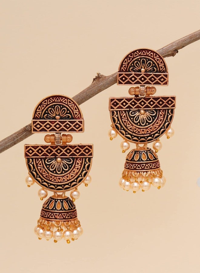 Karatcart Gold Plated Maroon Floral Dangler Earrings for Women - Image 3