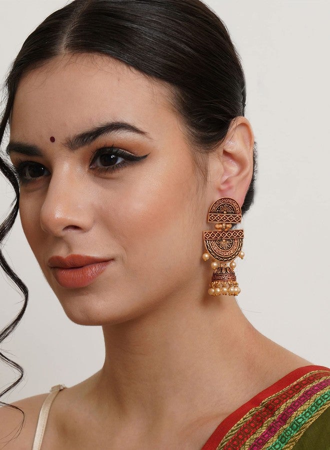 Karatcart Gold Plated Maroon Floral Dangler Earrings for Women - Image 2