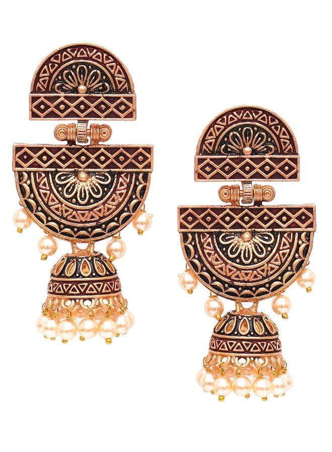 Karatcart Gold Plated Maroon Floral Dangler Earrings for Women - Image 1