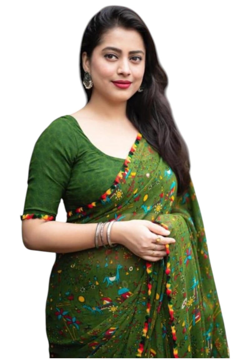 Yashika Women's Georgette Tribal Art Printed Saree | Green Color Saree | Women Sari | Saree_(AZ-YS-OG1-MANDALA GREEN) - Image 5