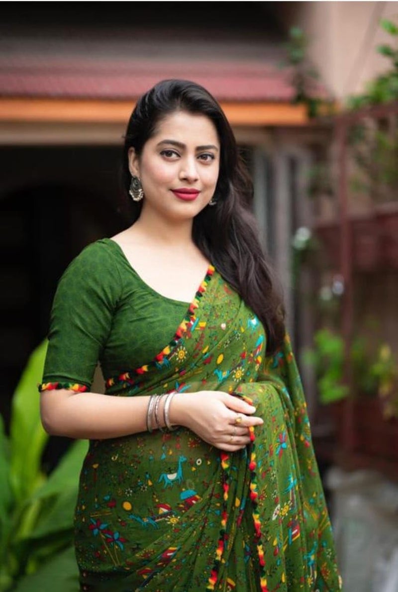 Yashika Women's Georgette Tribal Art Printed Saree | Green Color Saree | Women Sari | Saree_(AZ-YS-OG1-MANDALA GREEN) - Image 2