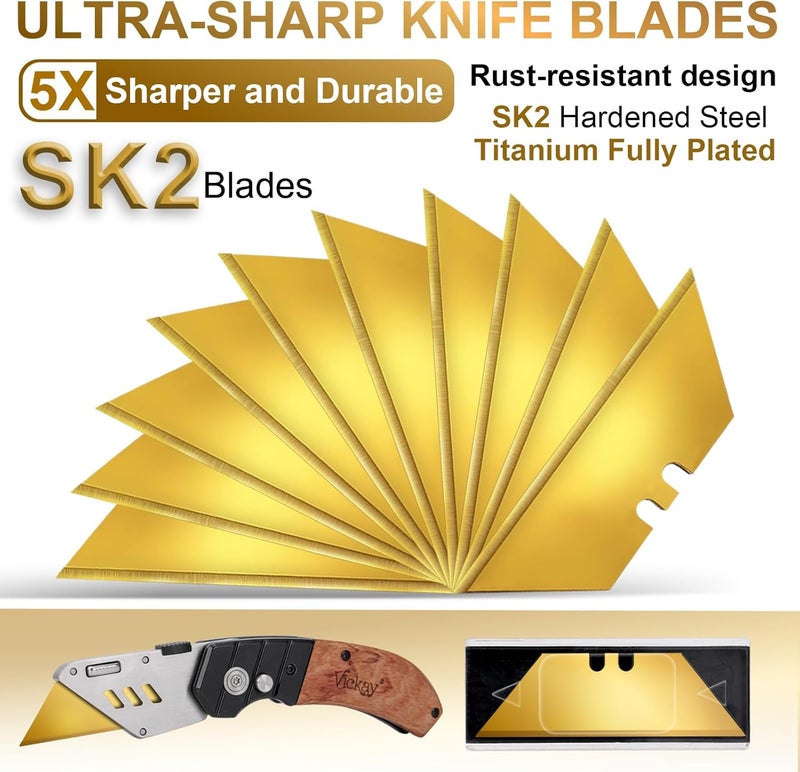 Vickay 30 Pack Utility Knife Blades, Heavy Duty Box Cutter Replacement Blades, SK2 Steel with Titanium Fully Coating, Standard Size Cardboard Cutter Blades for All Standard Utility Knives - Image 4