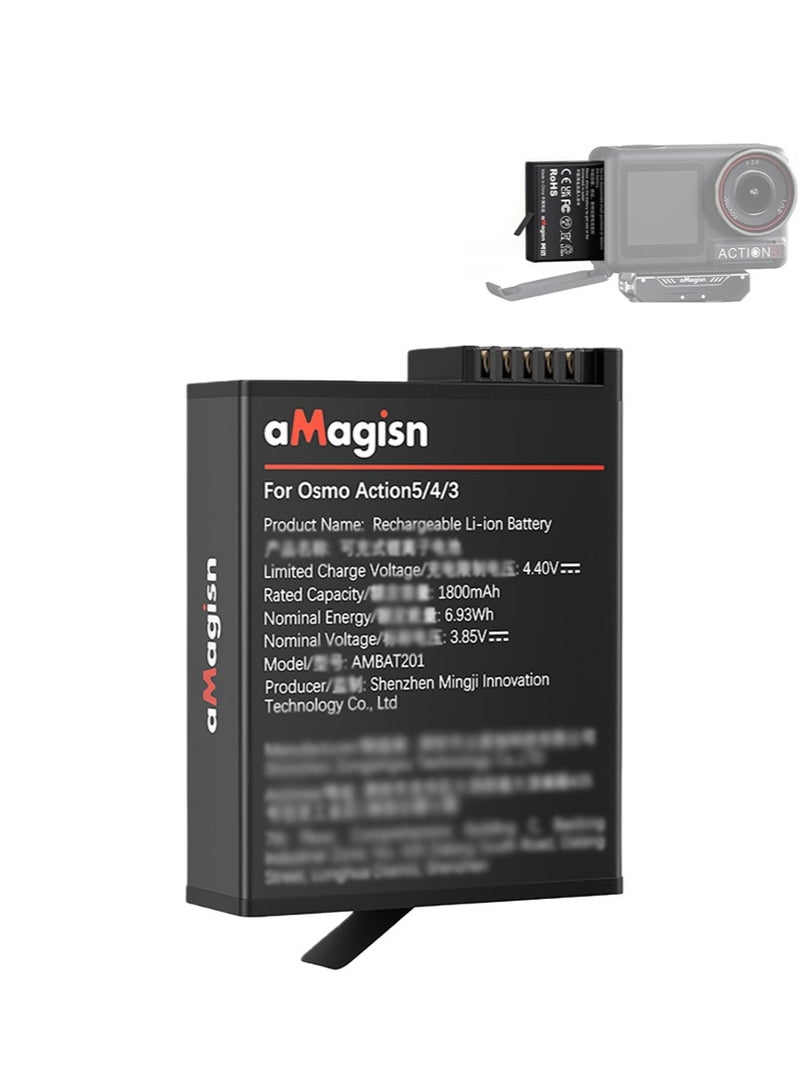 aMagisn بطارية لكاميرات DJI OSMO Action 5/4/3، 1800 مللي أمبير مع حماية متعددة، ملحق بطارية متين، بدون نوافذ منبثقة - Image 1