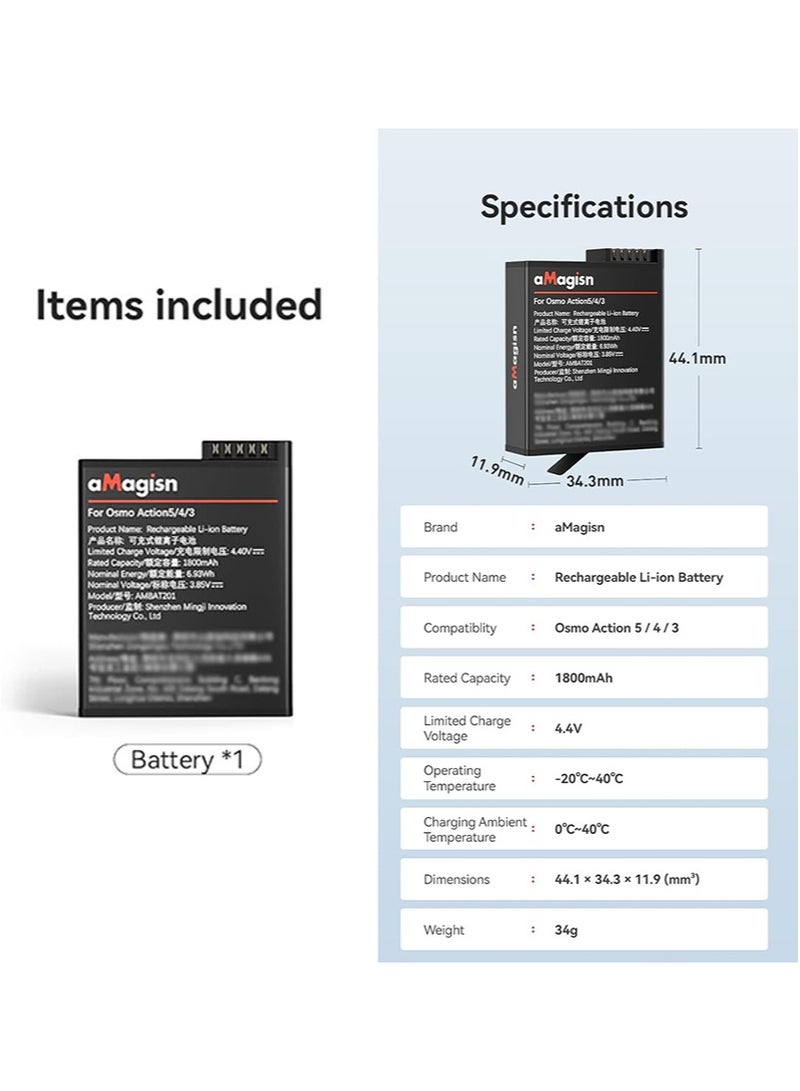 aMagisn بطارية لكاميرات DJI OSMO Action 5/4/3، 1800 مللي أمبير مع حماية متعددة، ملحق بطارية متين، بدون نوافذ منبثقة - Image 4