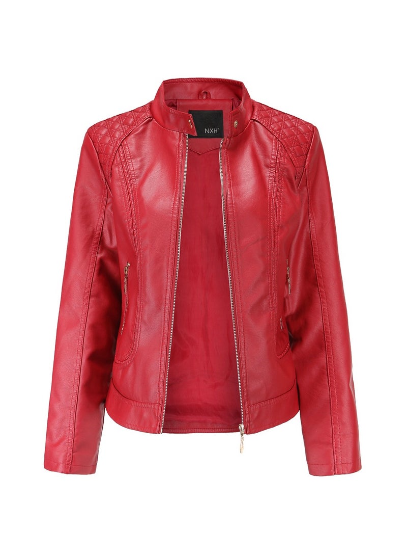 Women's Leather Jacket With Standing Collar PU Leather Jacket Red - Image 1