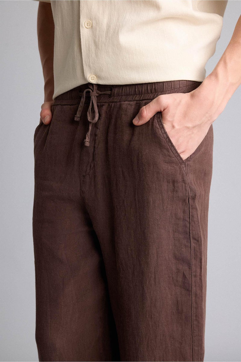 DeFacto Brown Man Wide Leg 100% Linen Trousers Casual - Image 5