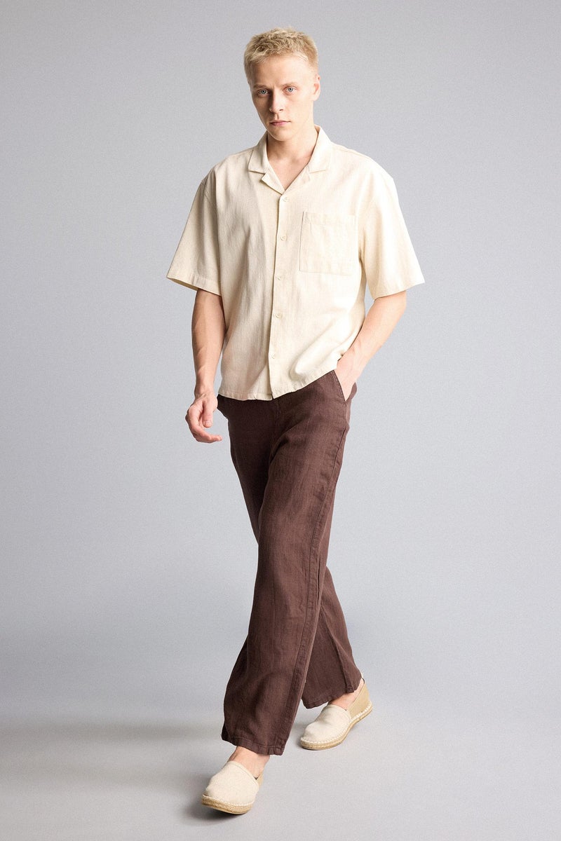 DeFacto Brown Man Wide Leg 100% Linen Trousers Casual - Image 2