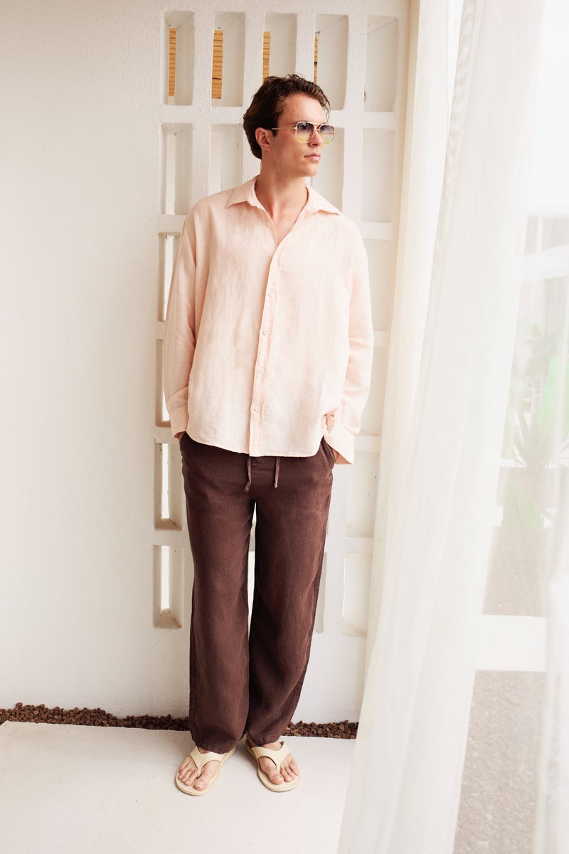 DeFacto Brown Man Wide Leg 100% Linen Trousers Casual - Image 1