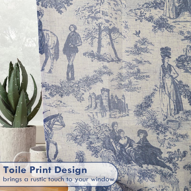 DriftAway Kitchen Curtains Toile Tier Linen Short Curtains Cafe 36 Inch Length for Living Room Bathroom Farmhouse French Country Vintage Printed Pattern Rod Pocket 2 Panels Navy - Image 5