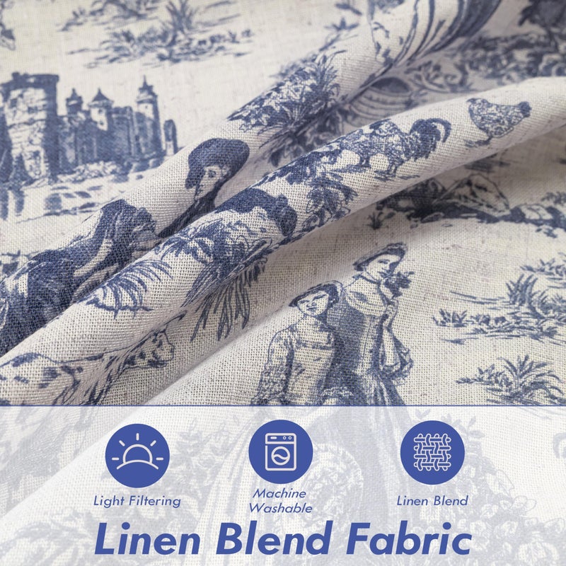 DriftAway Kitchen Curtains Toile Tier Linen Short Curtains Cafe 36 Inch Length for Living Room Bathroom Farmhouse French Country Vintage Printed Pattern Rod Pocket 2 Panels Navy - Image 2
