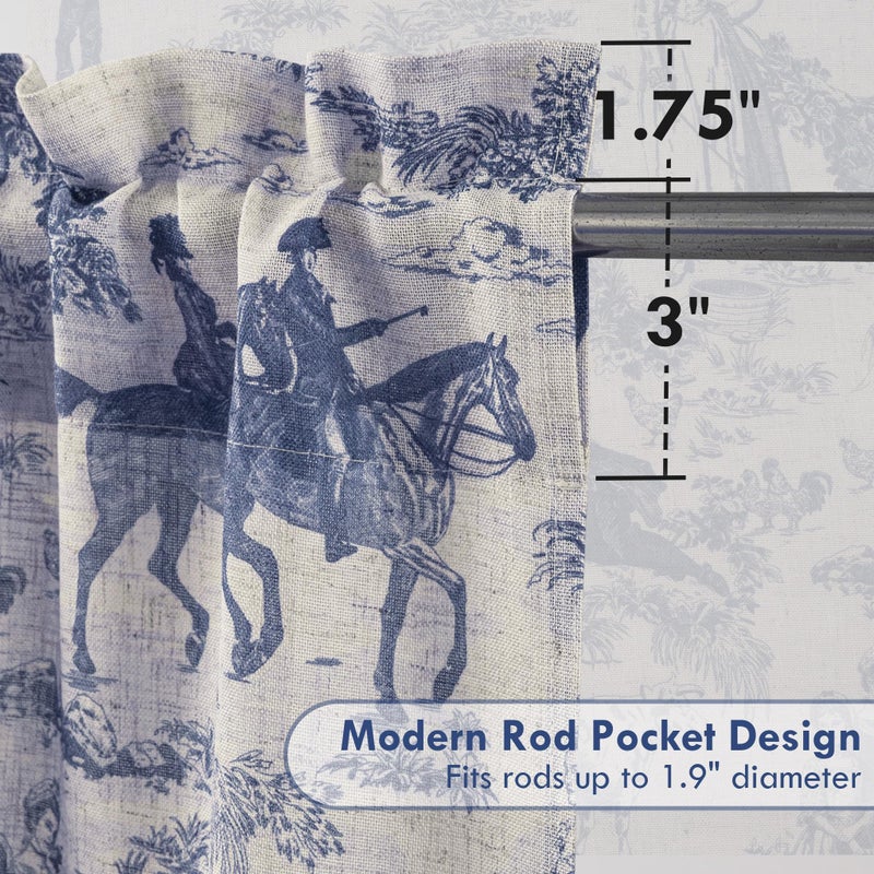 DriftAway Kitchen Curtains Toile Tier Linen Short Curtains Cafe 36 Inch Length for Living Room Bathroom Farmhouse French Country Vintage Printed Pattern Rod Pocket 2 Panels Navy - Image 4