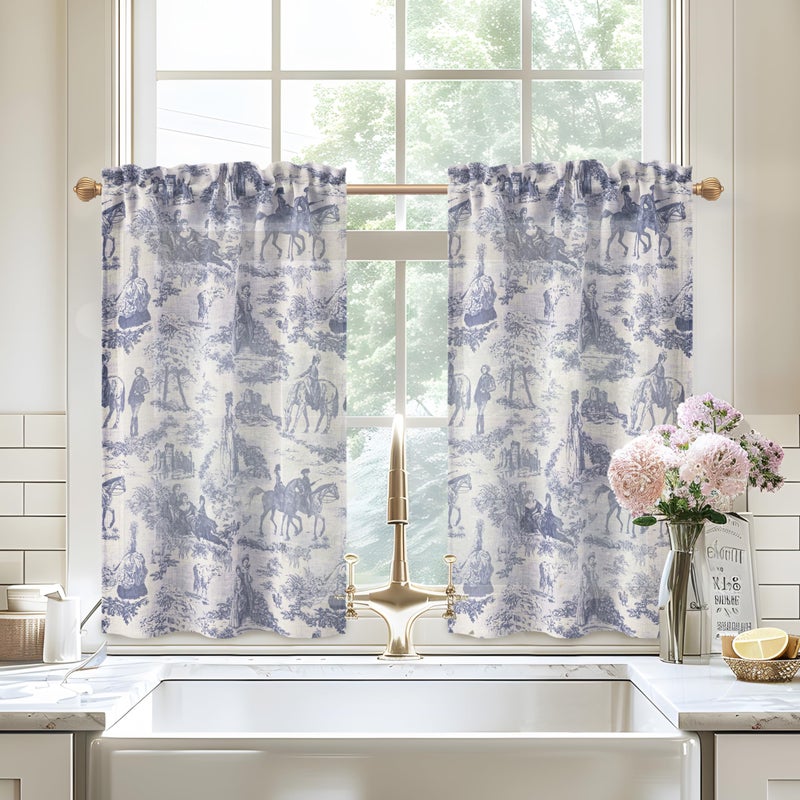 DriftAway Kitchen Curtains Toile Tier Linen Short Curtains Cafe 36 Inch Length for Living Room Bathroom Farmhouse French Country Vintage Printed Pattern Rod Pocket 2 Panels Navy - Image 1