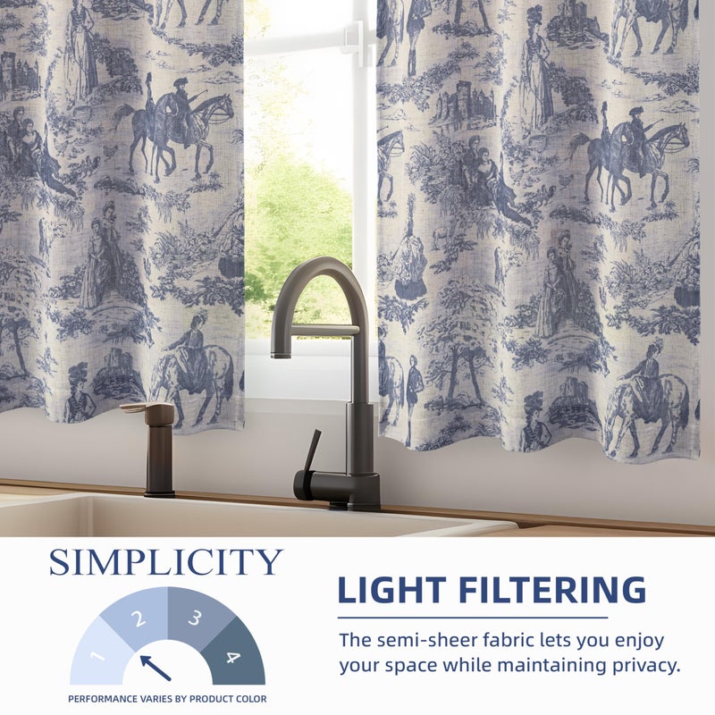 DriftAway Kitchen Curtains Toile Tier Linen Short Curtains Cafe 36 Inch Length for Living Room Bathroom Farmhouse French Country Vintage Printed Pattern Rod Pocket 2 Panels Navy - Image 3