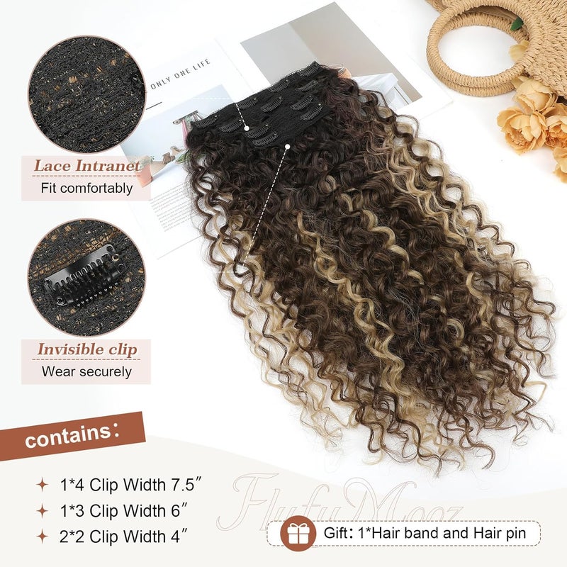 Flufymooz Clip-in Hair Extensions, 4 Pieces, 100% Pure Protein Silk, Long Soft Natural, 20 Inch Curly, Chestnut Brown Mixed Blonde - Image 4