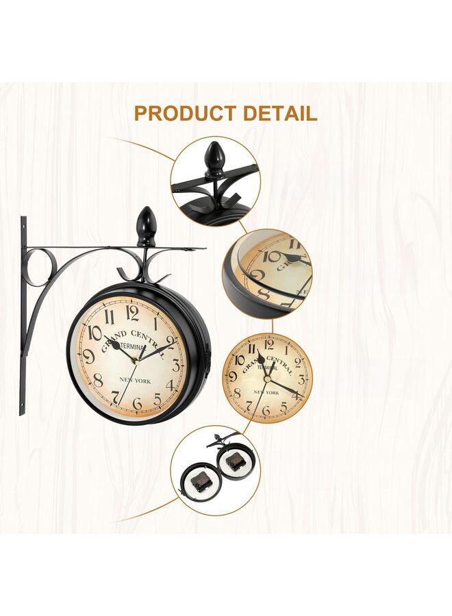 Double Sided Wall Clock | Vintage Double Sided Clock Wall Mounted Double Sided Train Station Clock Retro Double Sided Clock Hanging for Patio Garden Home Living Room Bedroom - Image 2