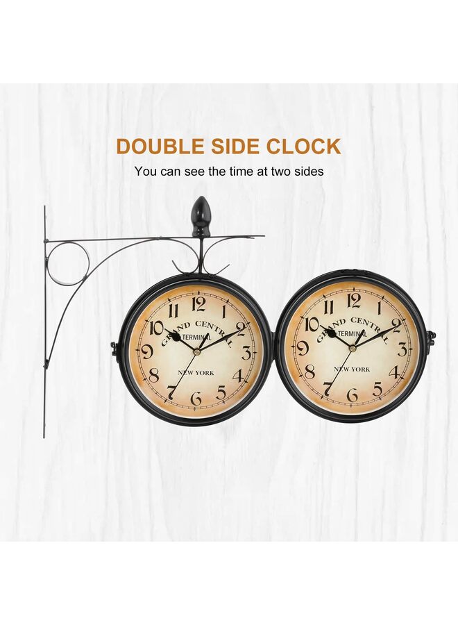 Double Sided Wall Clock | Vintage Double Sided Clock Wall Mounted Double Sided Train Station Clock Retro Double Sided Clock Hanging for Patio Garden Home Living Room Bedroom - Image 3