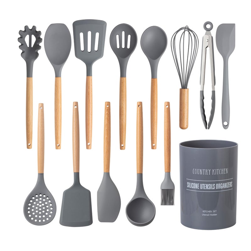 Country Kitchen Non Stick Silicone Utensil Set with Rounded Wood Handles for Cooking and Baking 14 Piece Set Gray