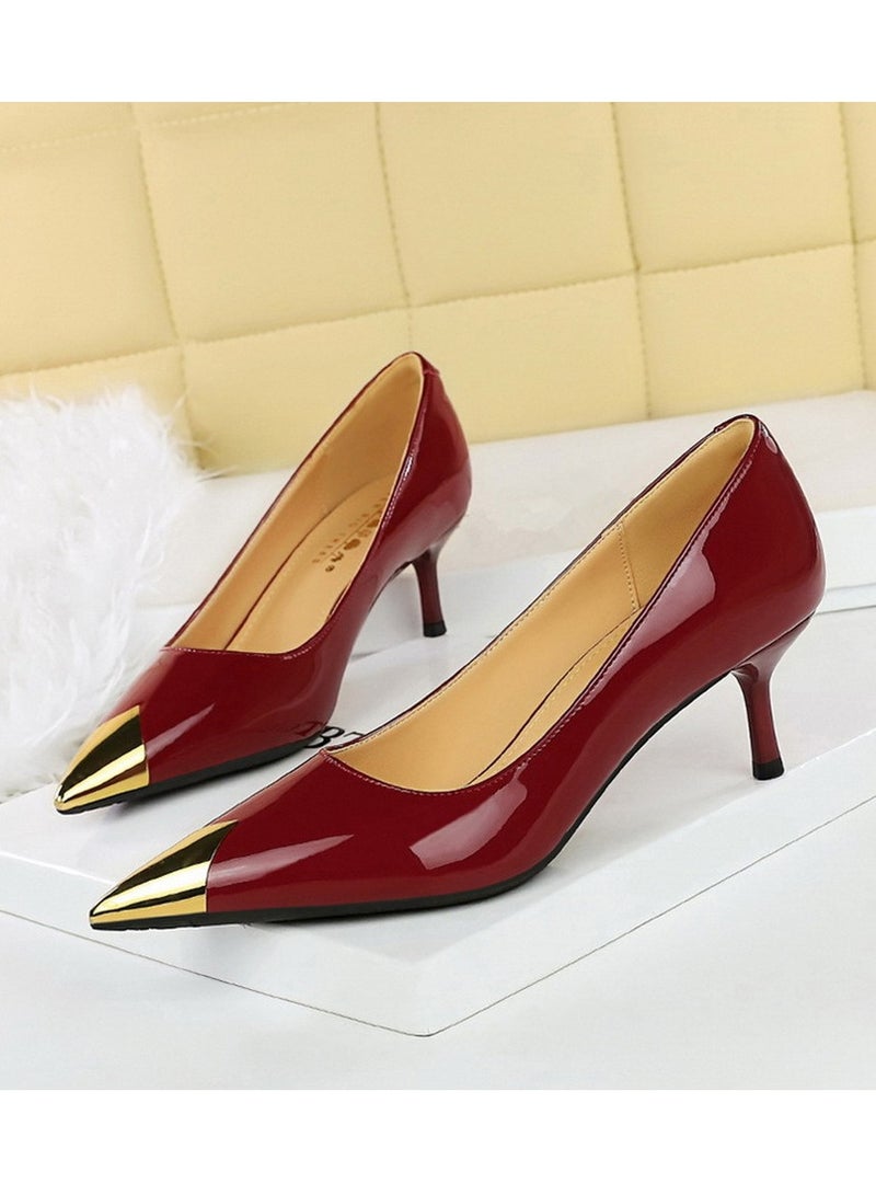 بيج تري المرأة أنيقة معدنية مغلقة أشارت إصبع القدم كعب عالية مضخات الحزب النبيذ الأحمر 5CM - Image 1