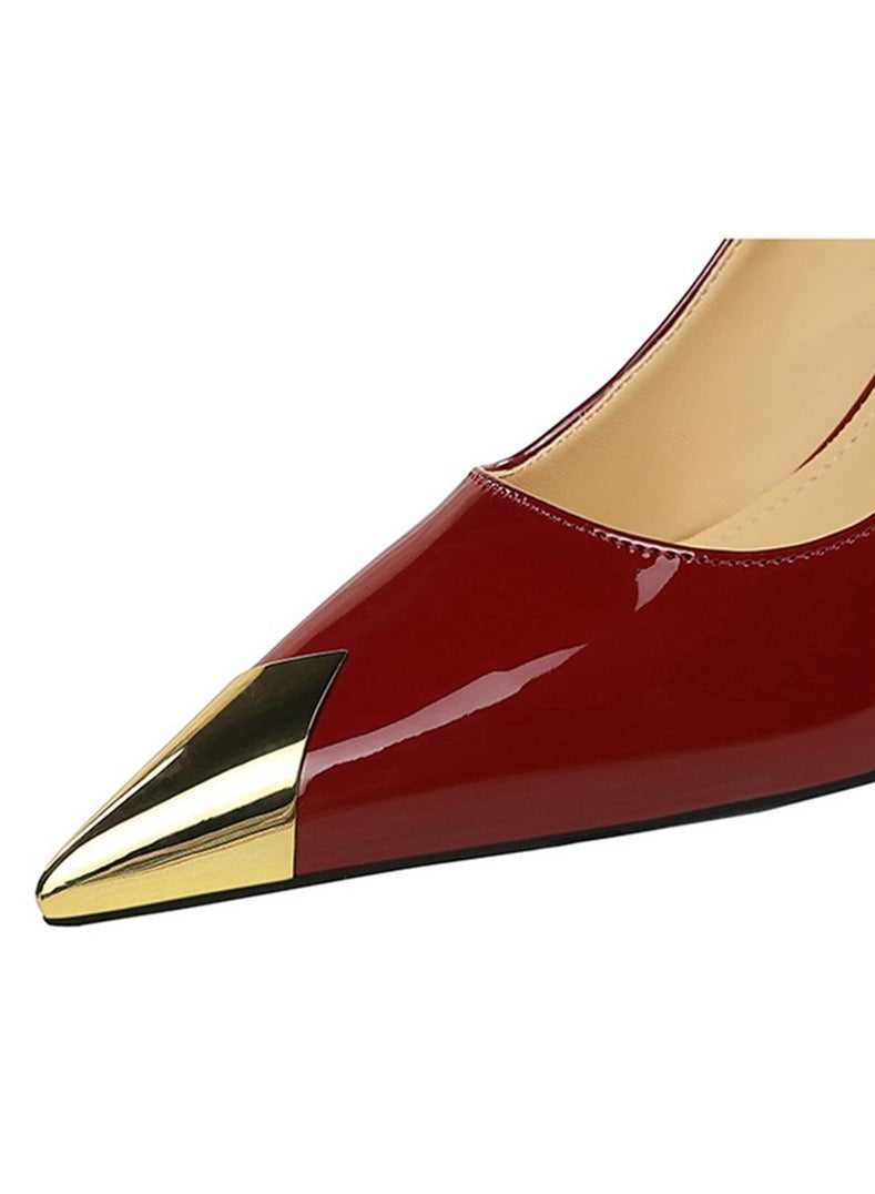 بيج تري المرأة أنيقة معدنية مغلقة أشارت إصبع القدم كعب عالية مضخات الحزب النبيذ الأحمر 5CM - Image 2