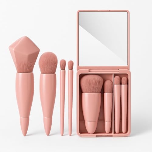 MEXONIC 5-in-1 Mini Makeup Brush Set with Mirror Compact Travel-Friendly Pocket Makeup Brushes Kit for Foundation, Eyeshadow, Blush & Powder Portable Cosmetic Brush Set for Women & Girls (PINK) - Image 1