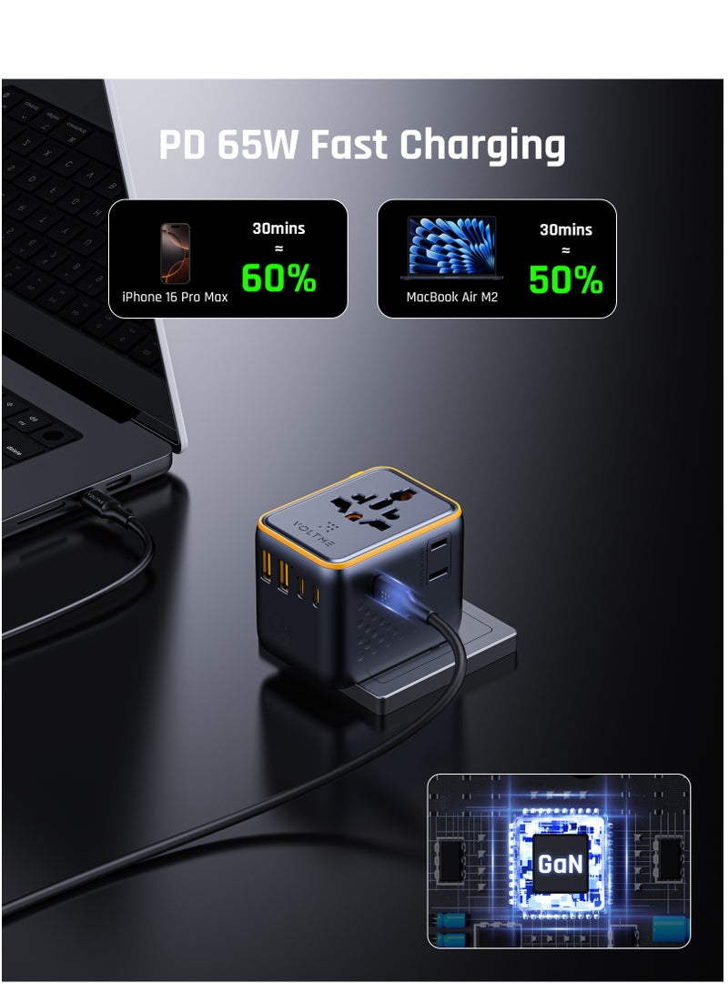 VOLTME 7-in-1 Universal Travel Adapter with 65W GaN Charger - 3 USB-C PD Ports & 2 USB-A QC 4.0 Ports, Universal Plug Adapter Supports 200+ Countries (US/EU/UK/AU), Fast Charging for iPhone 16/15/14, Galaxy S25/S24/S23, MacBook Pro/Air, iPad, Xiaomi, OnePlus - 2500W Max Output, Small and Compact International Power Adapter - Image 3