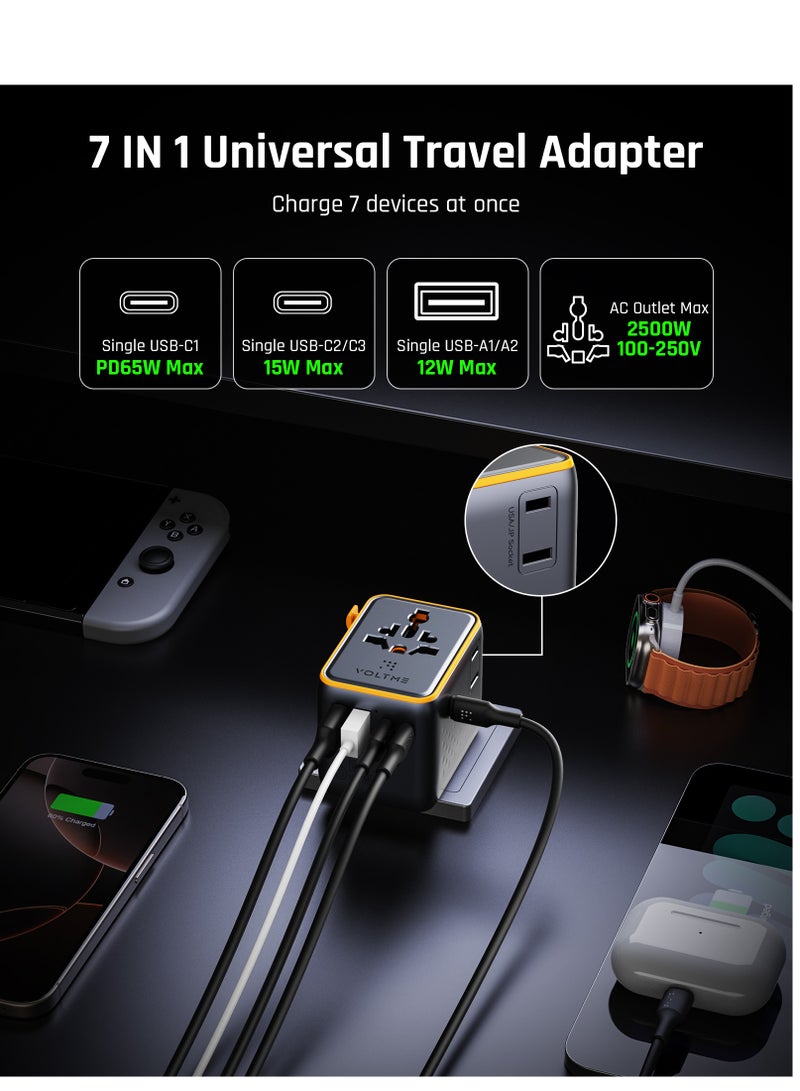 VOLTME 7-in-1 Universal Travel Adapter with 65W GaN Charger - 3 USB-C PD Ports & 2 USB-A QC 4.0 Ports, Universal Plug Adapter Supports 200+ Countries (US/EU/UK/AU), Fast Charging for iPhone 16/15/14, Galaxy S25/S24/S23, MacBook Pro/Air, iPad, Xiaomi, OnePlus - 2500W Max Output, Small and Compact International Power Adapter - Image 2